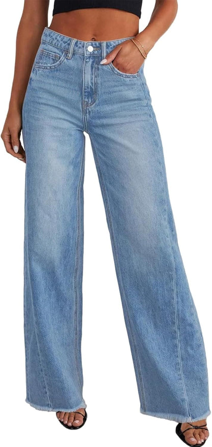 Women's Wide Leg High Waisted Stretchy Raw Hem Jeans The Nichole Collection