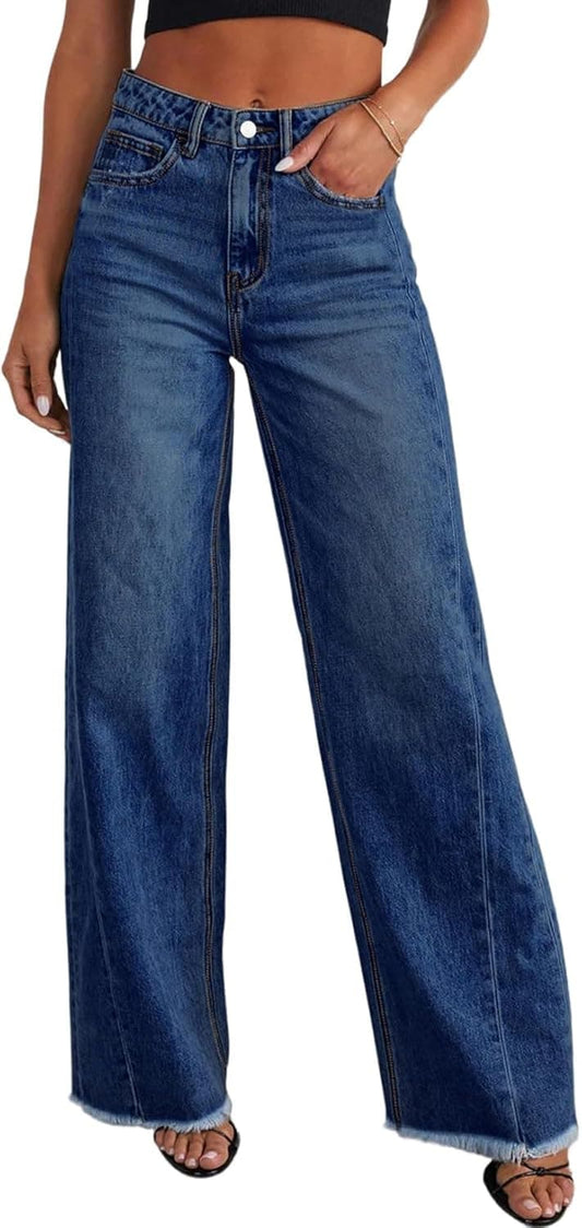 Women's Wide Leg High Waisted Stretchy Raw Hem Jeans The Nichole Collection