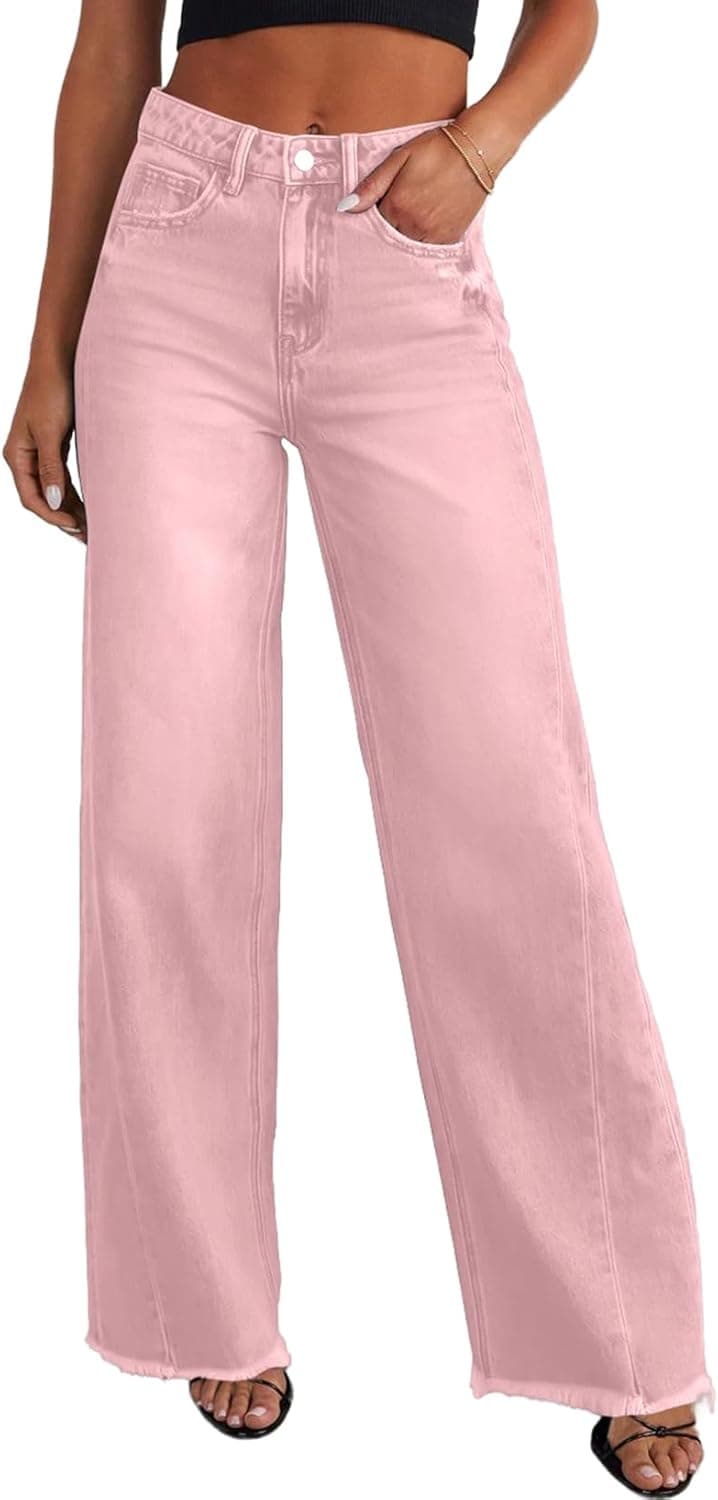 Women's Wide Leg High Waisted Stretchy Raw Hem Jeans 2 / Pink The Nichole Collection