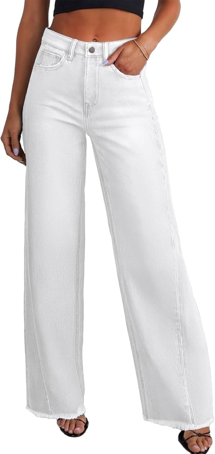 Women's Wide Leg High Waisted Stretchy Raw Hem Jeans 4 / White The Nichole Collection