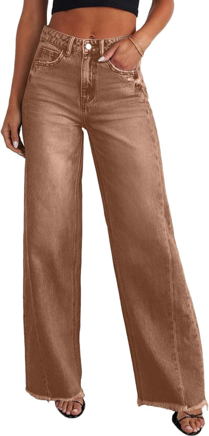 Women's Wide Leg High Waisted Stretchy Raw Hem Jeans The Nichole Collection