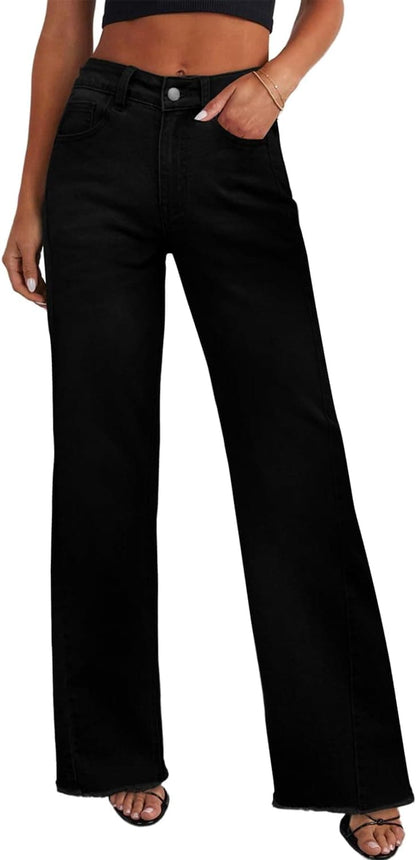 Women's Wide Leg High Waisted Stretchy Raw Hem Jeans The Nichole Collection