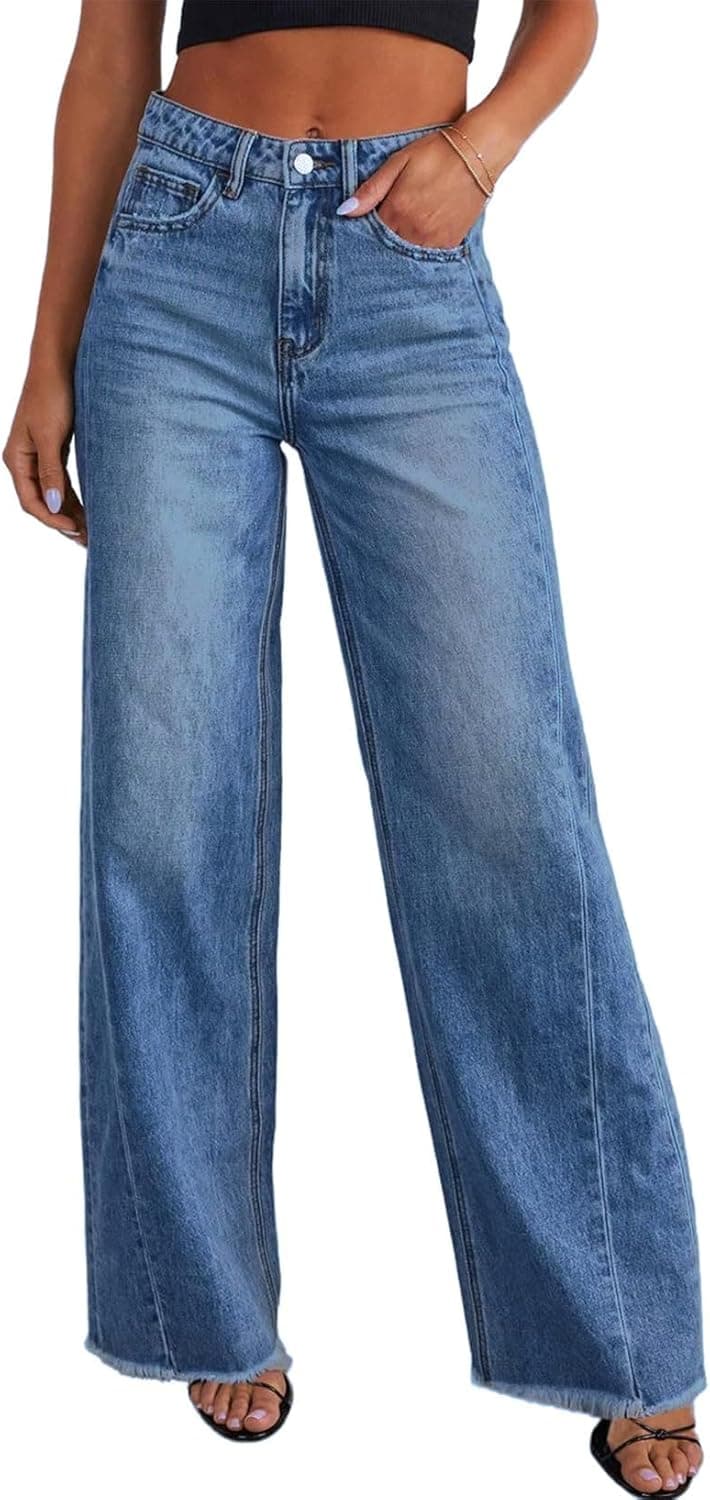 Women's Wide Leg High Waisted Stretchy Raw Hem Jeans 2 / Blue Wide Leg Pants The Nichole Collection
