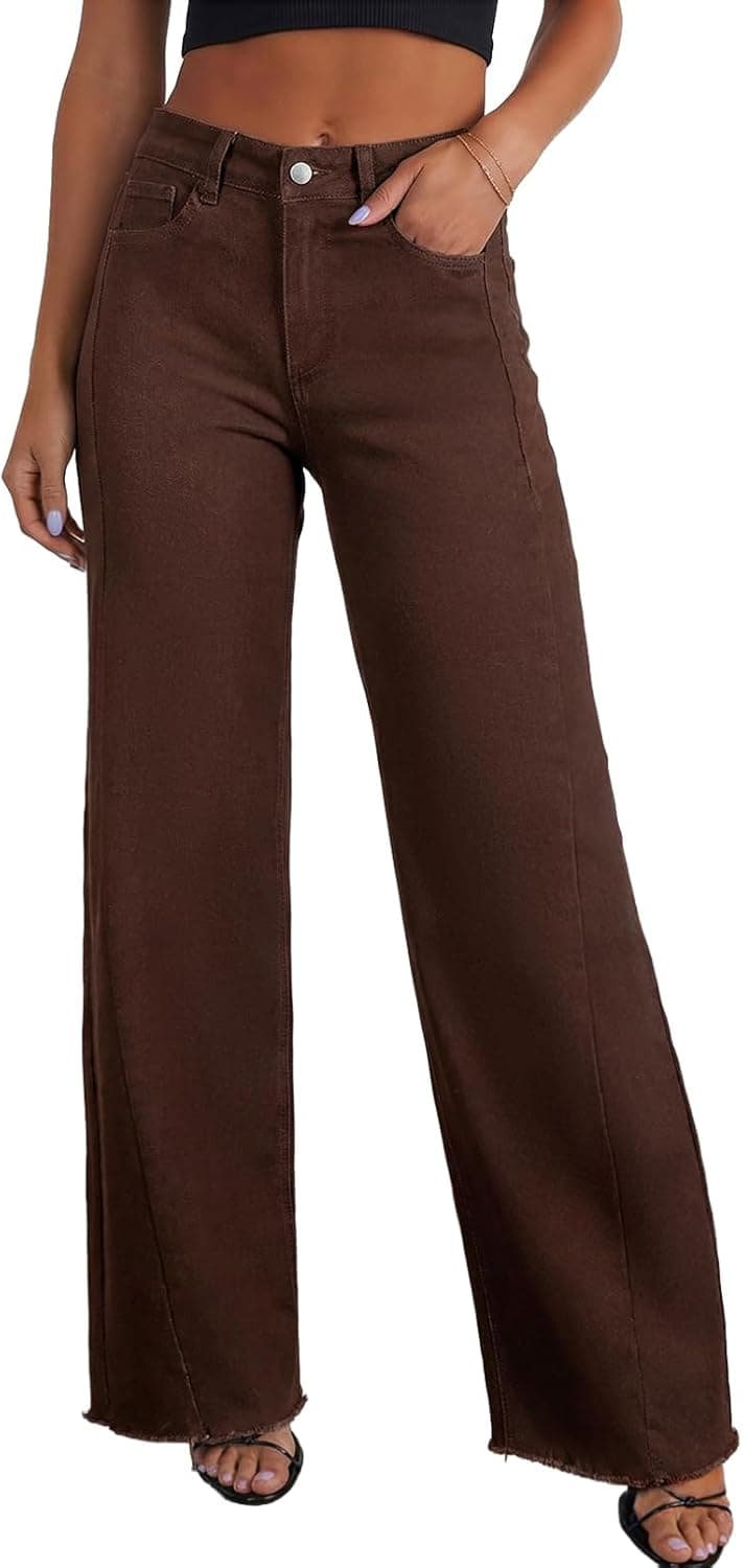 Women's Wide Leg High Waisted Stretchy Raw Hem Jeans 4 / Coffee Wide Leg Pants The Nichole Collection