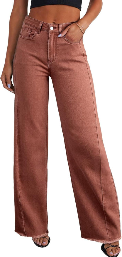 Women's Wide Leg High Waisted Stretchy Raw Hem Jeans Wide Leg Pants The Nichole Collection