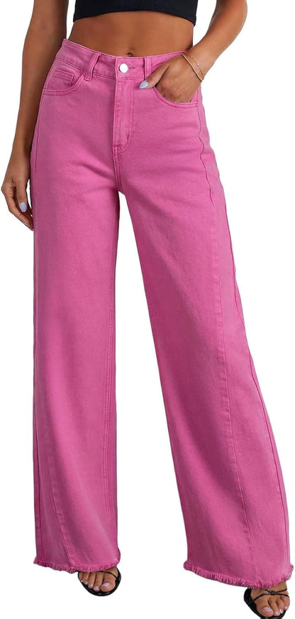 Women's Wide Leg High Waisted Stretchy Raw Hem Jeans 6 / Hot Pink Wide Leg Pants The Nichole Collection