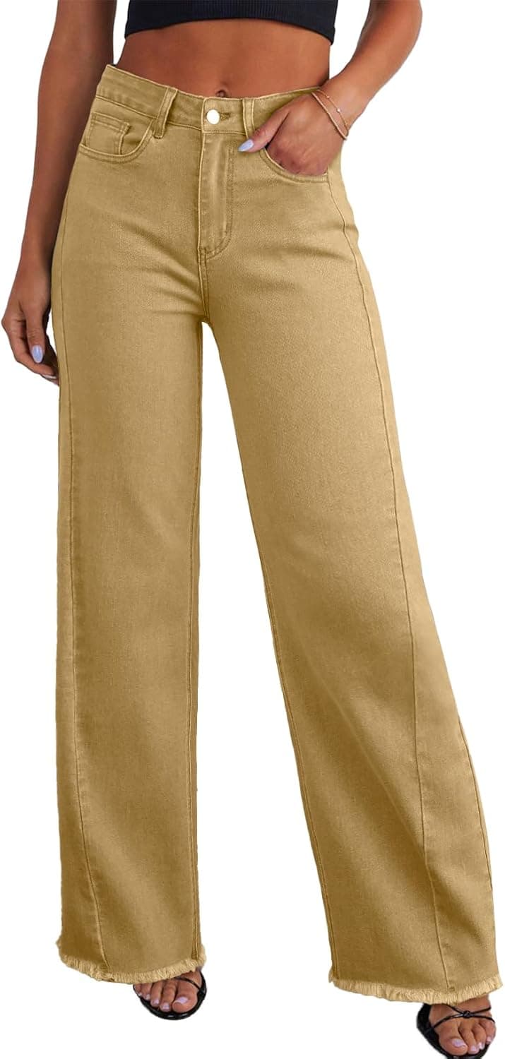 Women's Wide Leg High Waisted Stretchy Raw Hem Jeans 2 / Khaki Wide Leg Pants The Nichole Collection