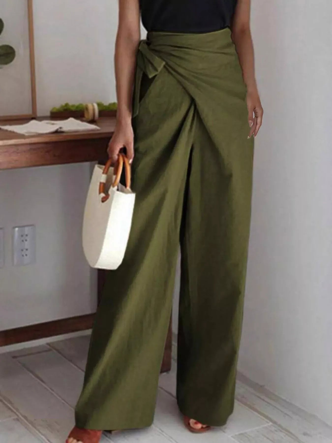 Women’s Wrap-Waist Wide-Leg Pants – Effortless Sophistication Anywhere Dress Pants Army Green / S The Nichole Collection