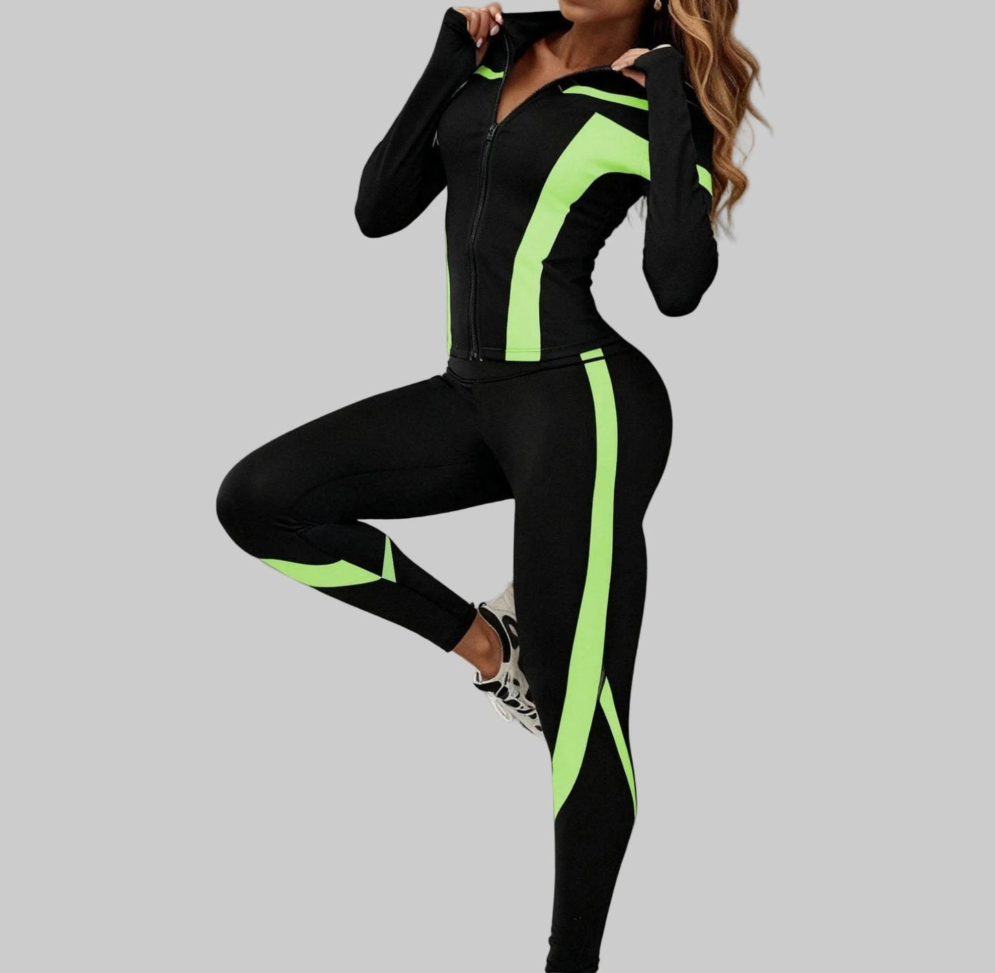 Women’s Zip-Up Sports Jacket & Leggings Set Tracksuit Black+green / XS The Nichole Collection
