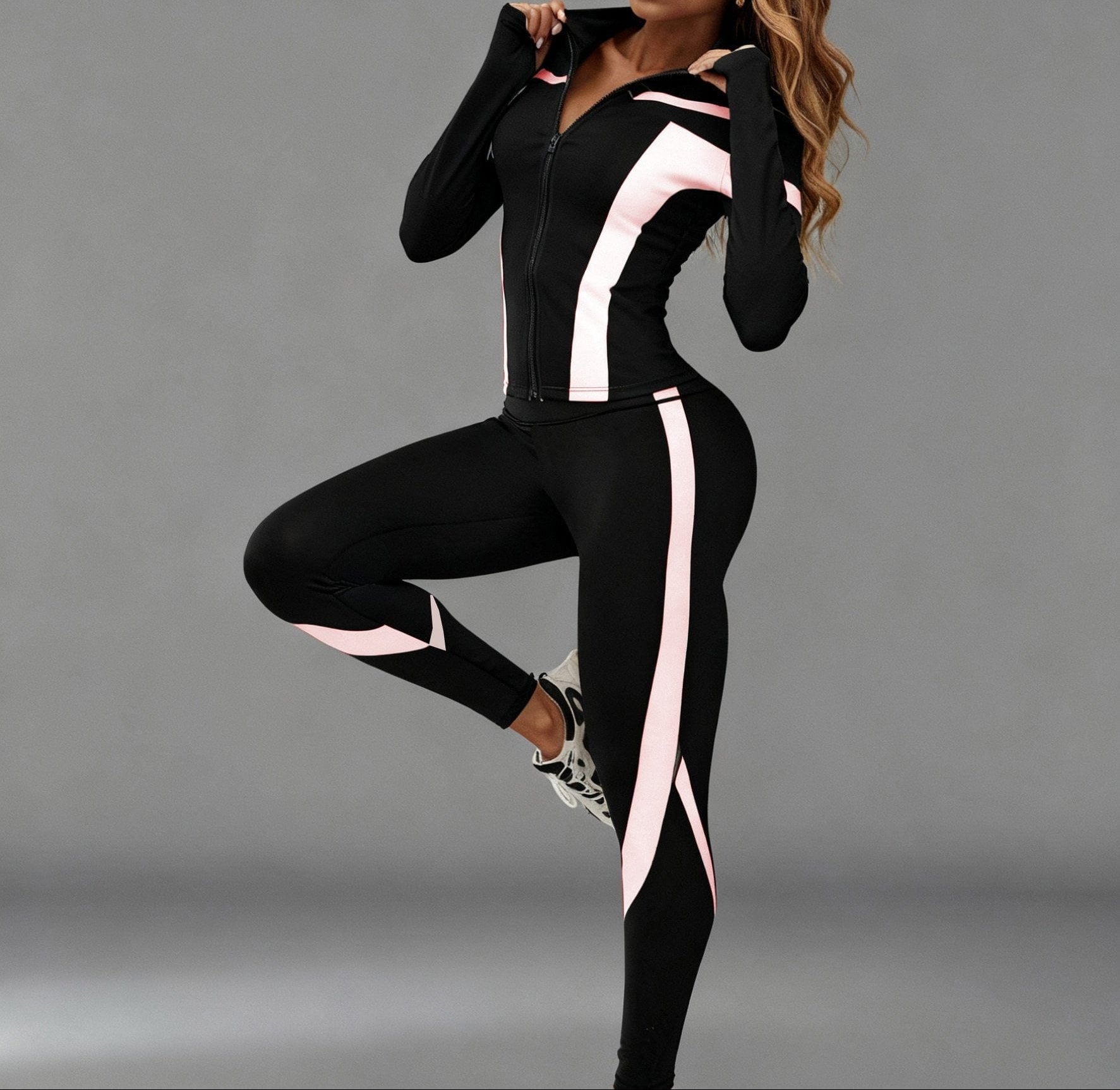Women’s Zip-Up Sports Jacket & Leggings Set Tracksuit Black+Light White / XS The Nichole Collection