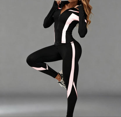 Women’s Zip-Up Sports Jacket & Leggings Set Tracksuit Black+Light White / XS The Nichole Collection
