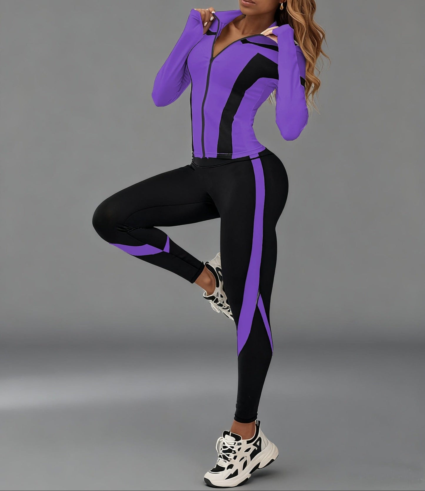 Women’s Zip-Up Sports Jacket & Leggings Set Tracksuit Purple+Black / XS The Nichole Collection