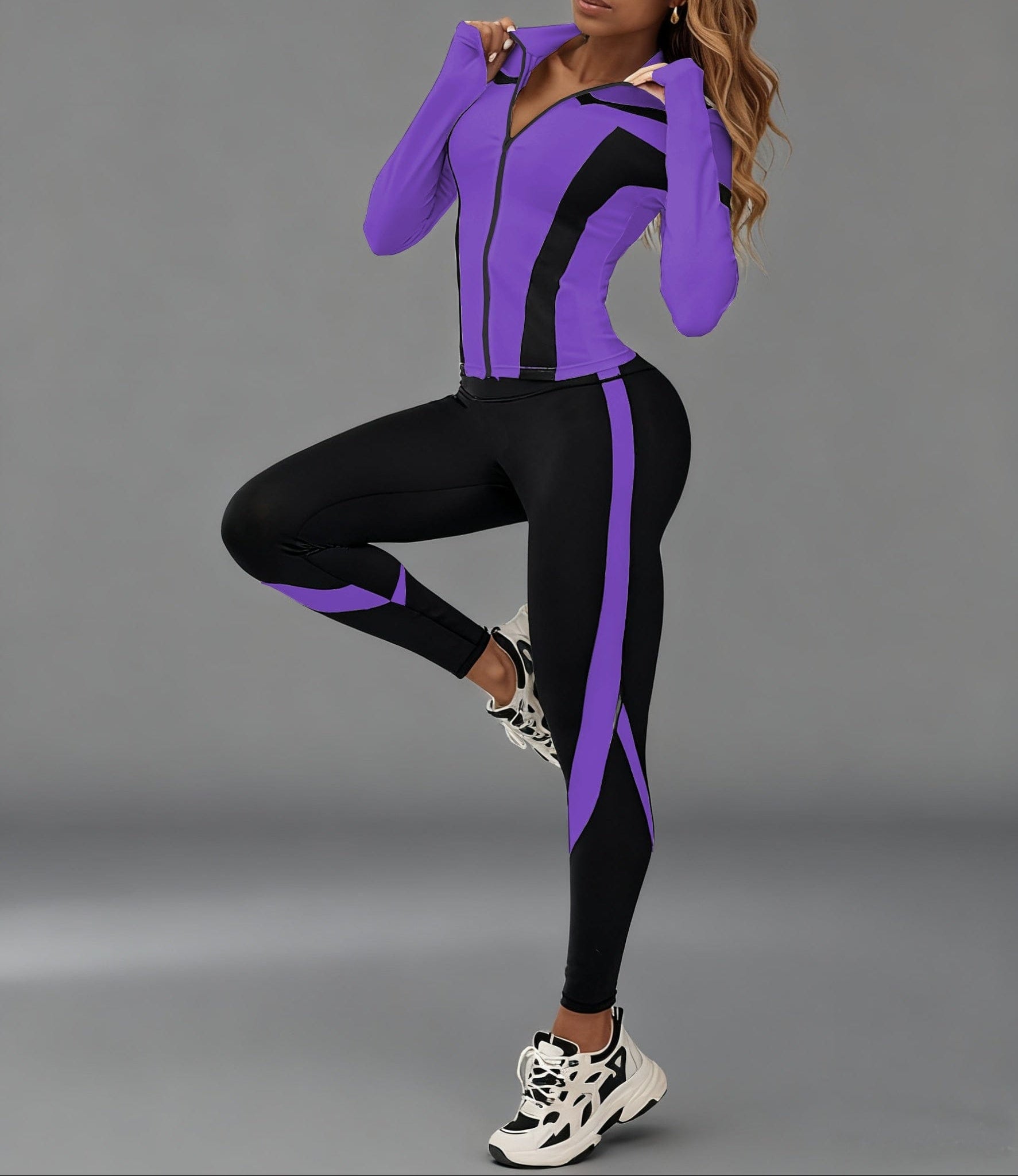 Women’s Zip-Up Sports Jacket & Leggings Set Tracksuit Purple+Black / XS The Nichole Collection