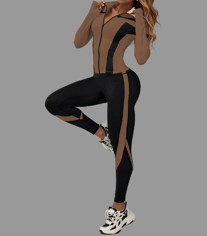 Women’s Zip-Up Sports Jacket & Leggings Set Tracksuit Coffee + Black / XS The Nichole Collection