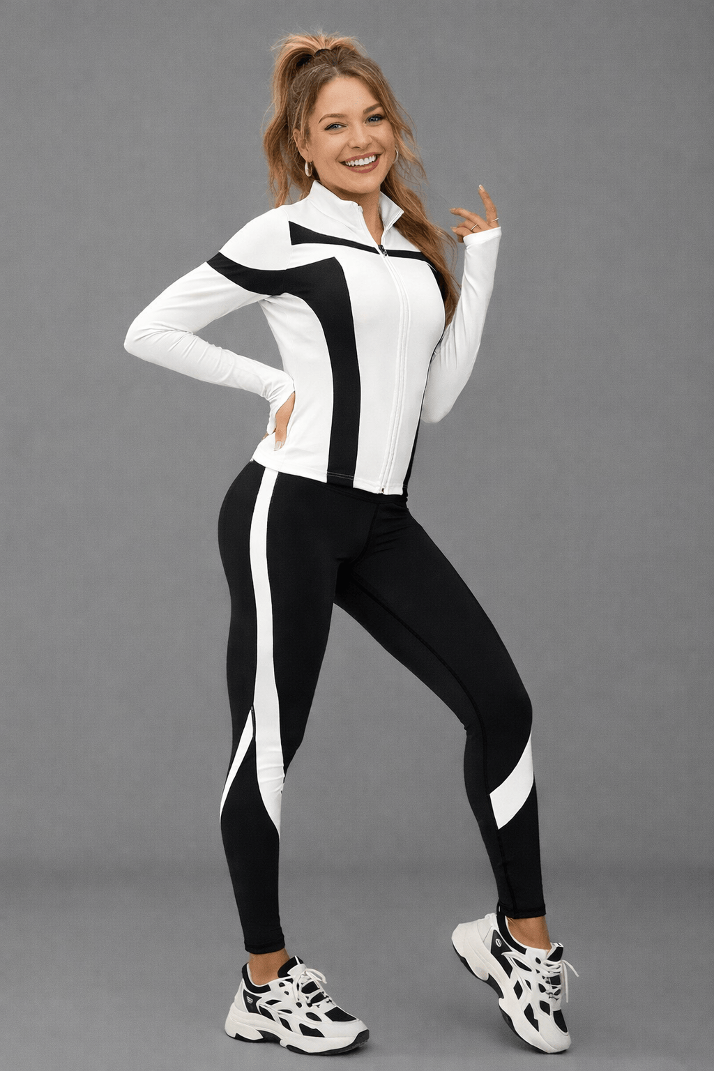 Women’s Zip-Up Sports Jacket & Leggings Set Tracksuit Light White+Black Color / XS The Nichole Collection