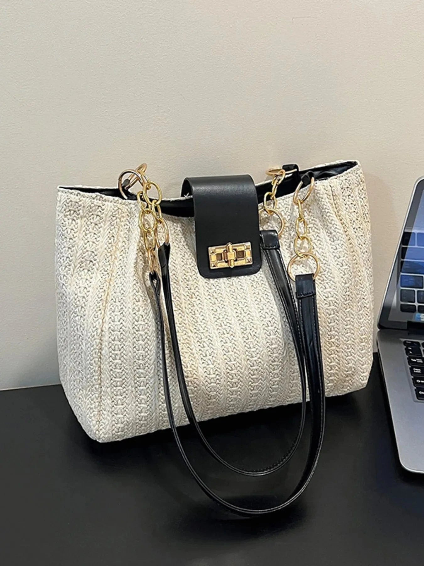 Woven Straw Shoulder Bag Black / One Size The Nichole Collection