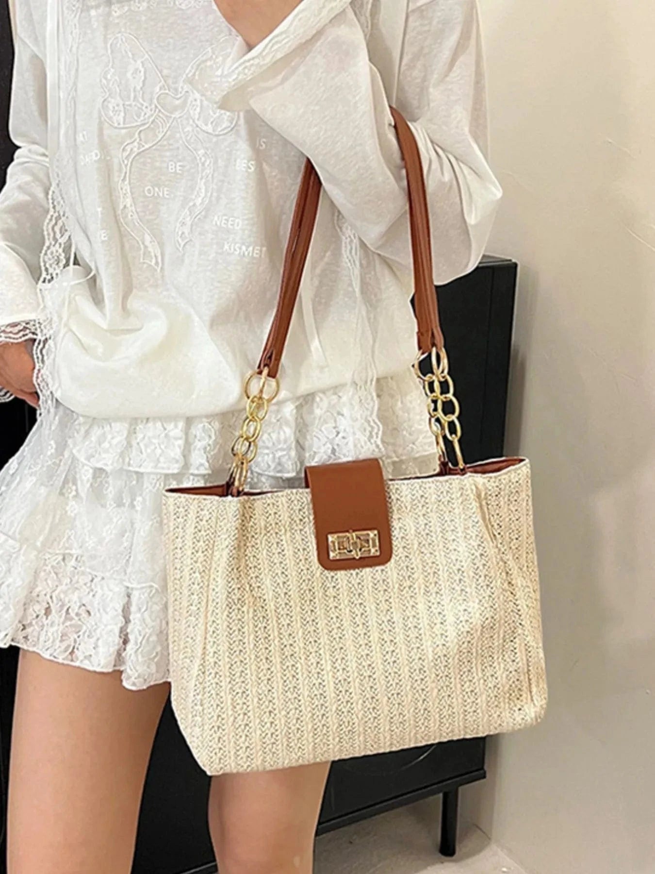 Woven Straw Shoulder Bag Brown / One Size The Nichole Collection