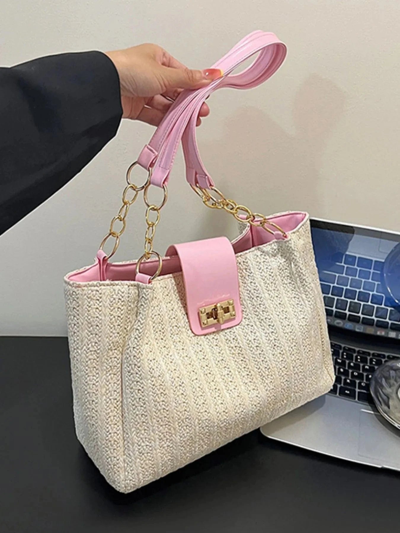 Woven Straw Shoulder Bag Pink / One Size The Nichole Collection
