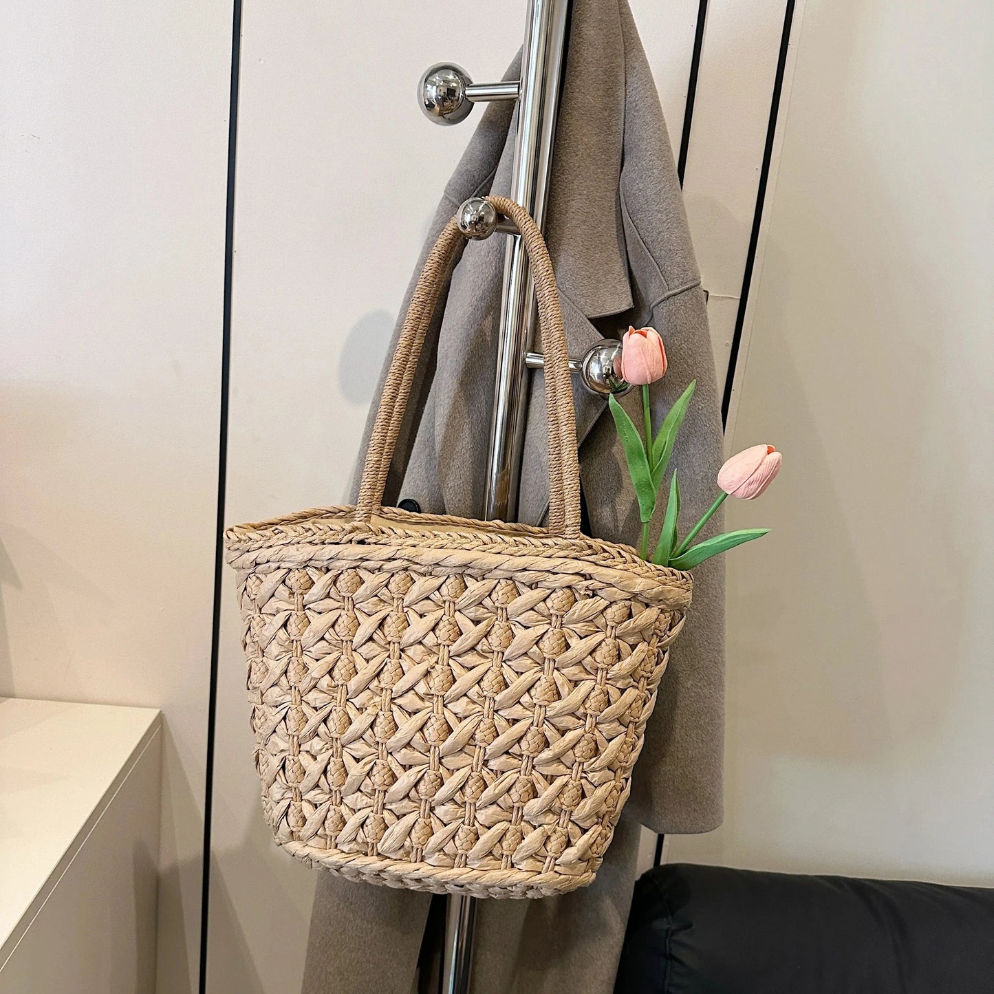 Woven Straw Tote Bag Khaki / onesize The Nichole Collection