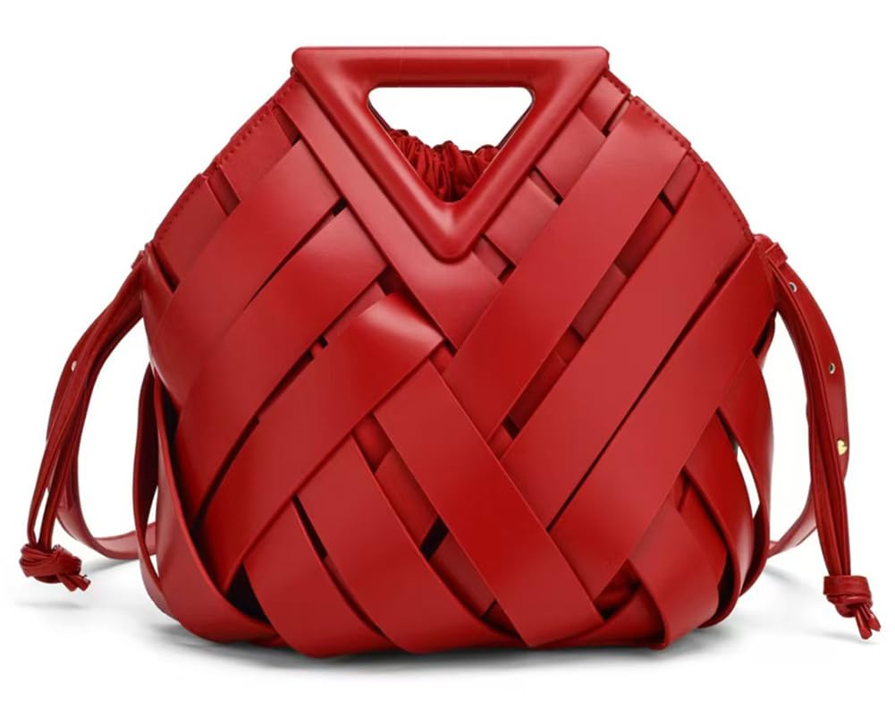 Woven Vegan Leather Bucket Bag Red The Nichole Collection