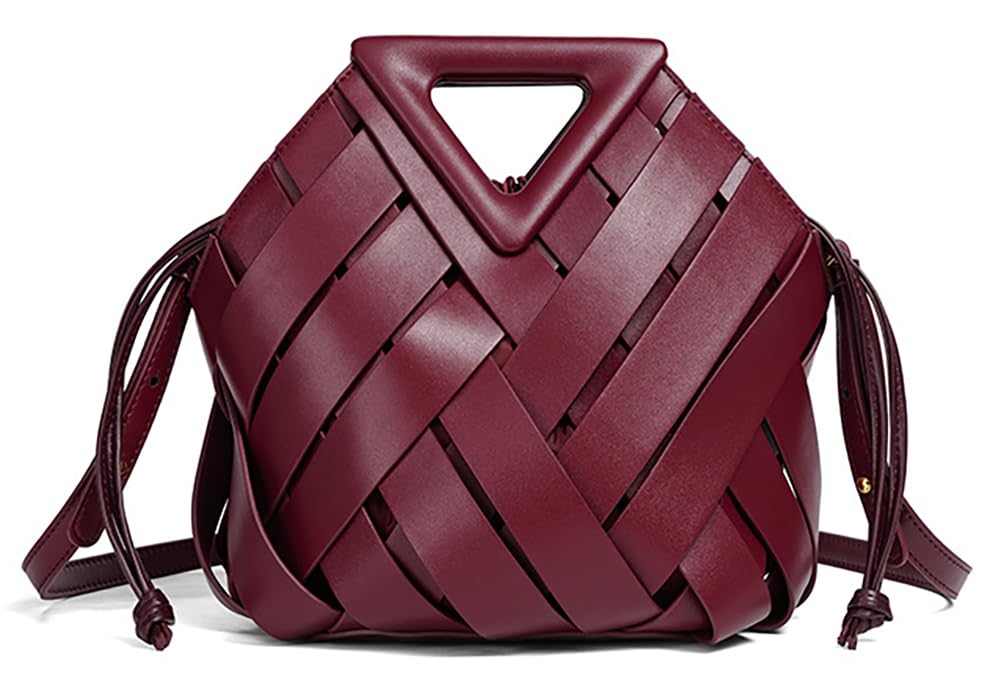Woven Vegan Leather Bucket Bag Wine Red The Nichole Collection