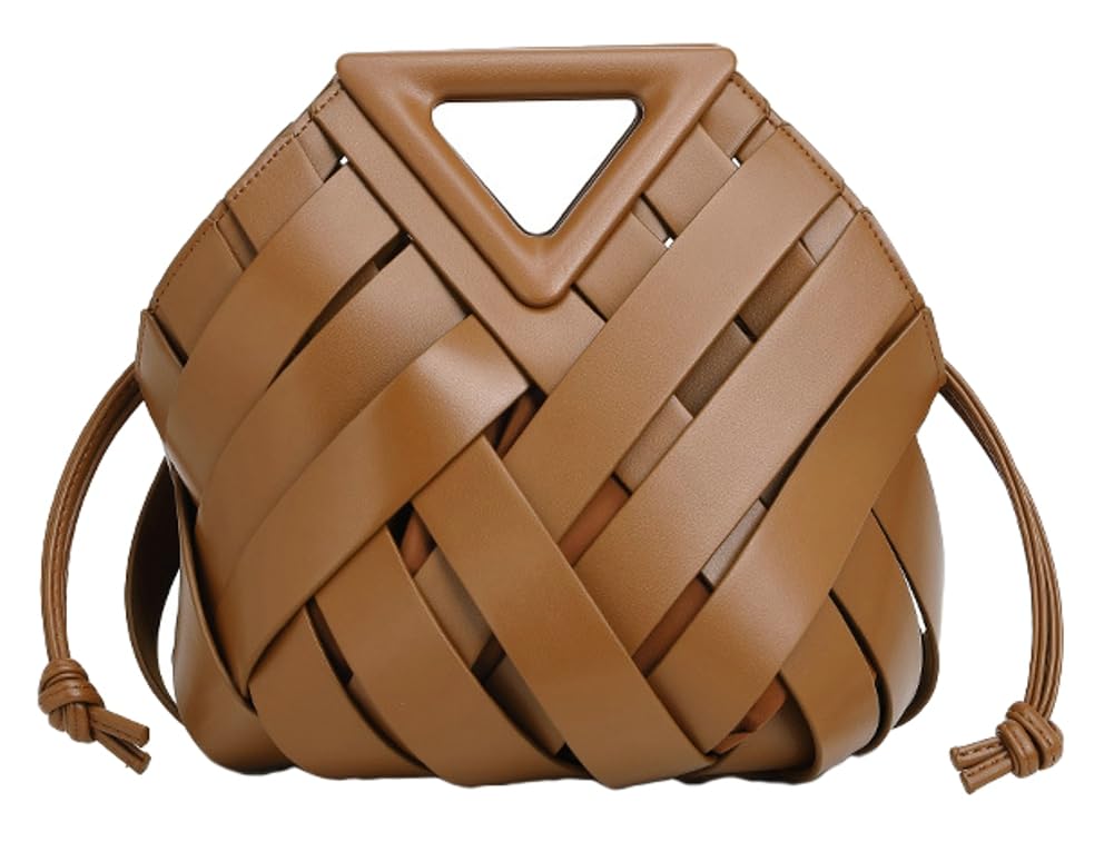 Woven Vegan Leather Bucket Bag Brown1 The Nichole Collection