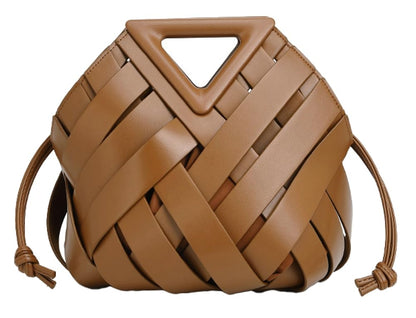 Woven Vegan Leather Bucket Bag Brown1 The Nichole Collection