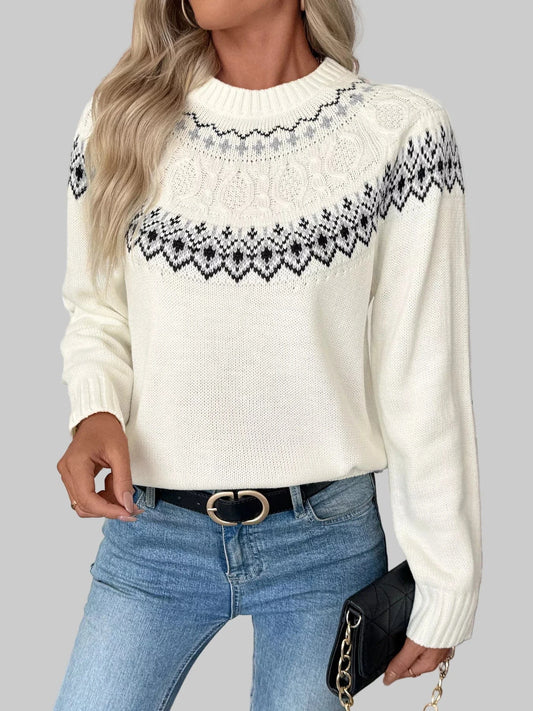 Yolk Pattern Crew Neck Sweater – Cozy Fall Knit Sweaters White / S The Nichole Collection