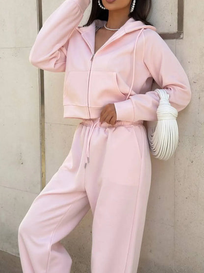 Zip Up Drawstring Hoodie and Pants Set Women's Sets The Nichole Collection