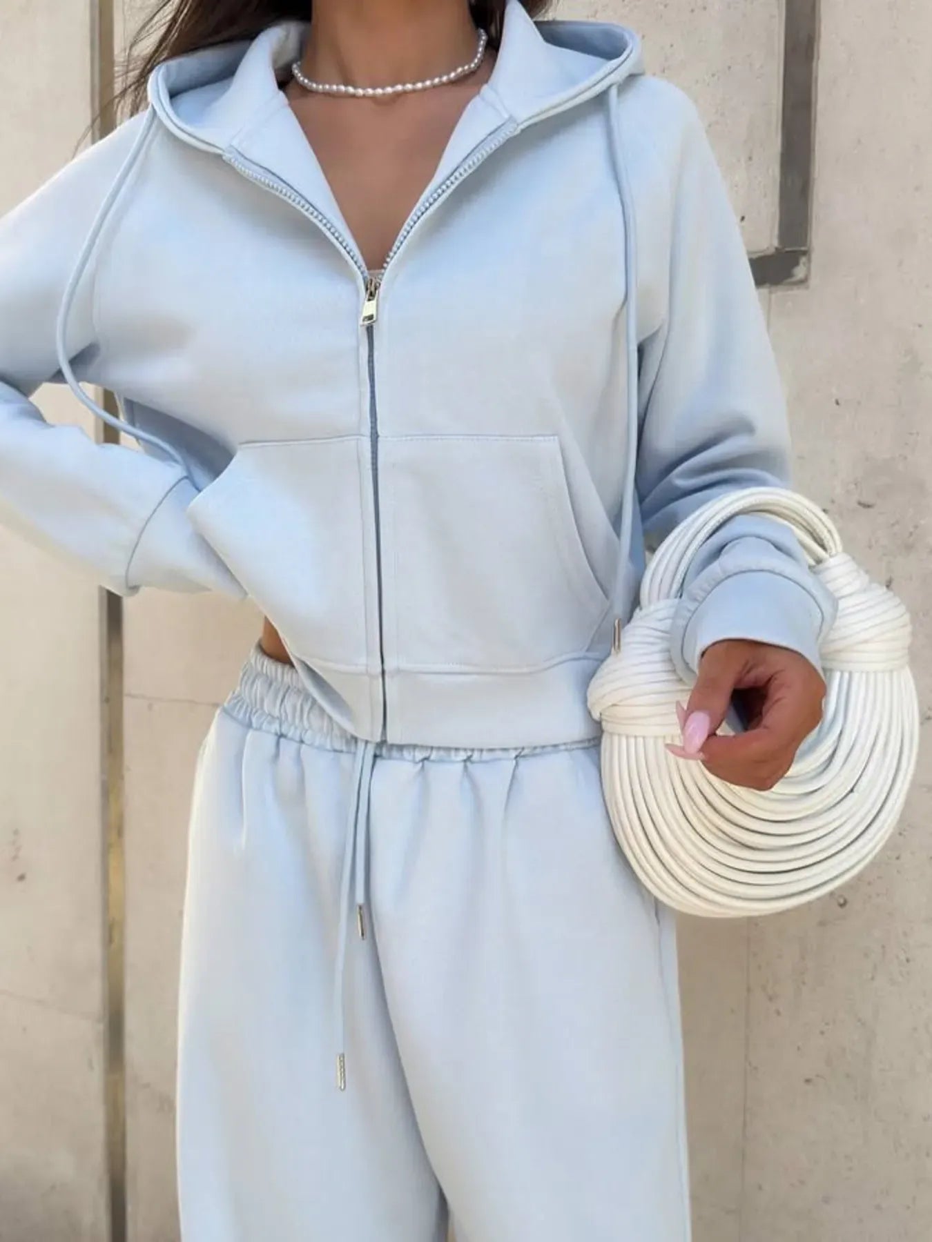 Zip Up Drawstring Hoodie and Pants Set Women's Sets Light Blue / S The Nichole Collection