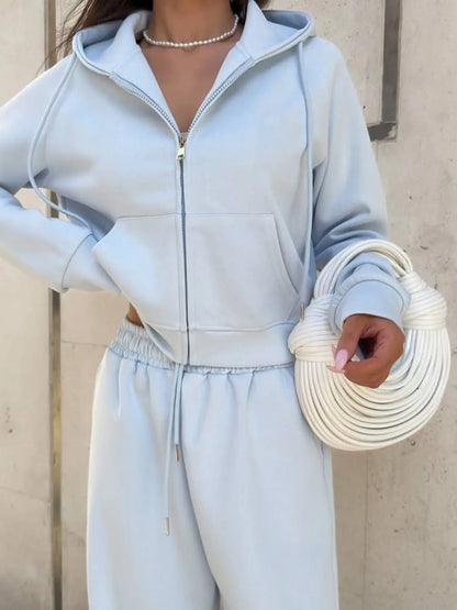Zip Up Drawstring Hoodie and Pants Set Women's Sets Light Blue / S The Nichole Collection