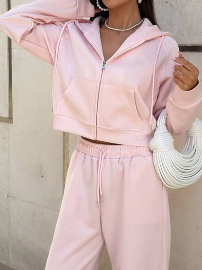 Zip Up Drawstring Hoodie and Pants Set Women's Sets The Nichole Collection