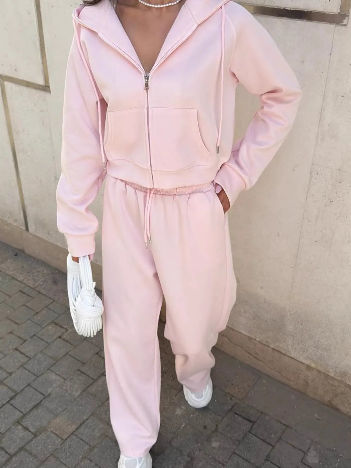 Zip Up Drawstring Hoodie and Pants Set Women's Sets Blush Pink / S The Nichole Collection