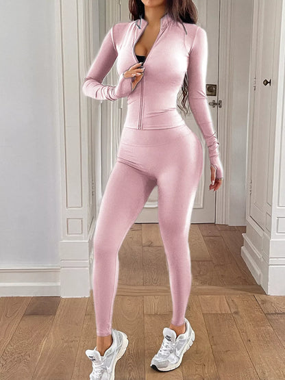 Zip Up Long Sleeve Top and Leggings Active Set Women's Sets Pink / S The Nichole Collection
