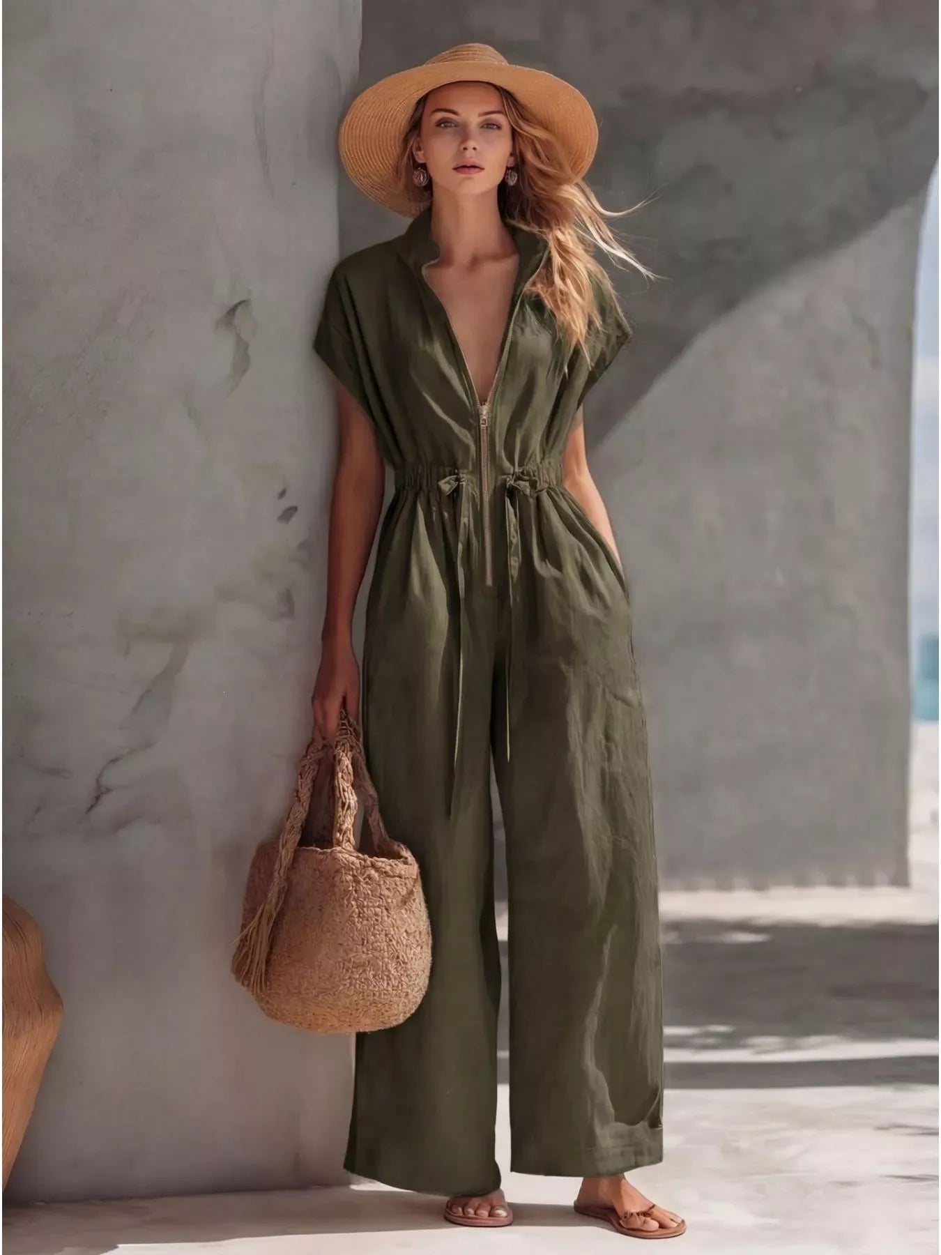 Zipper Front Wide Leg Jumpsuit Army Green / S The Nichole Collection - Official Site