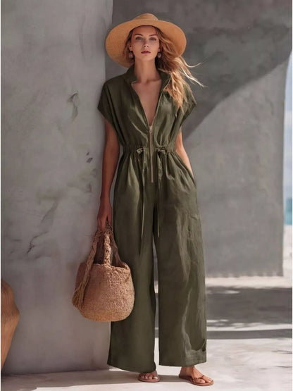 Zipper Front Wide Leg Jumpsuit Army Green / S The Nichole Collection - Official Site